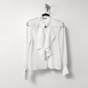 Fashion Nova Sheer Spring Button Down Pleated Ruffle Preppy Blouse‎ White Medium